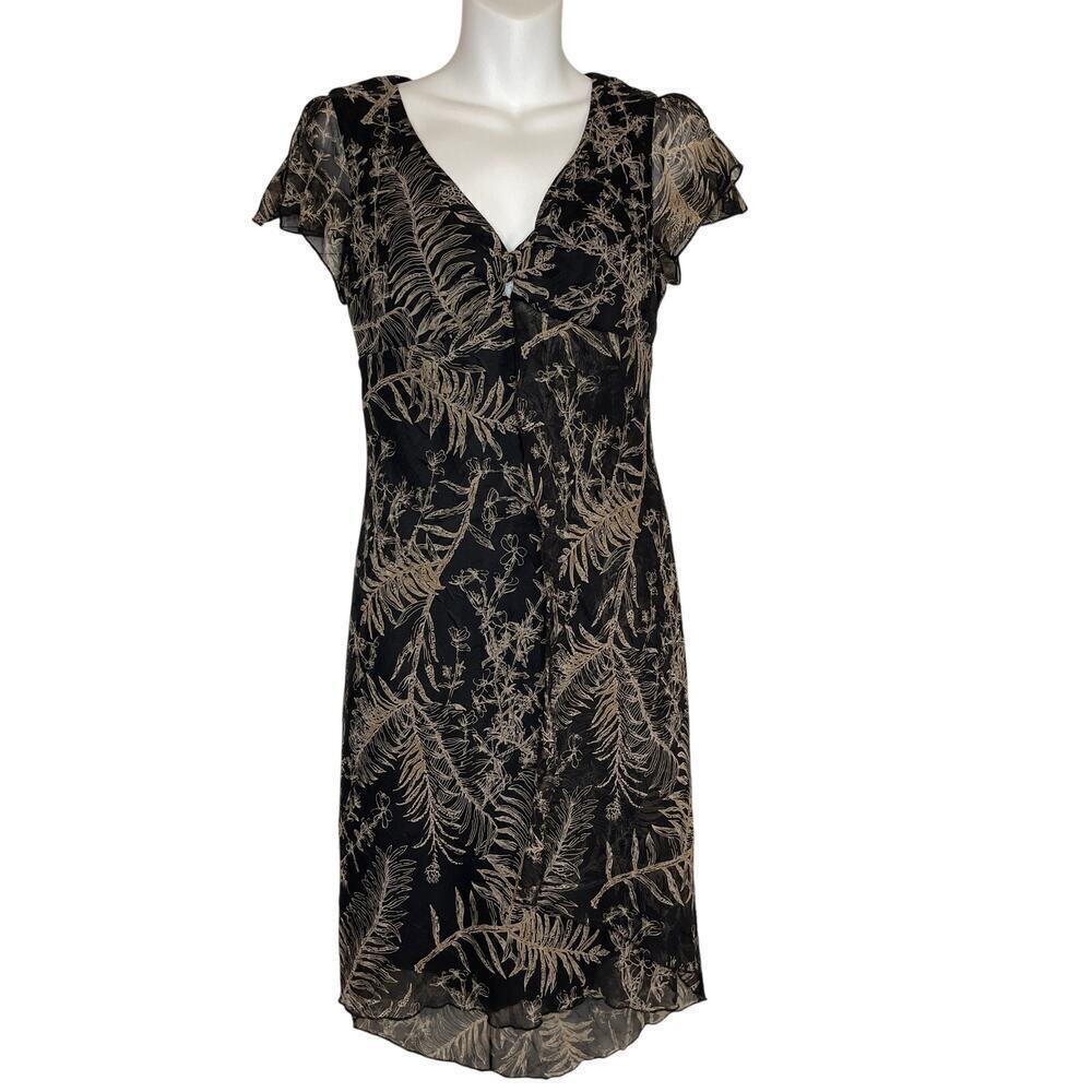 VTG CDC Petite Black Leaf Print Split Flutter Sleeve Midi Dress Women's Size 4